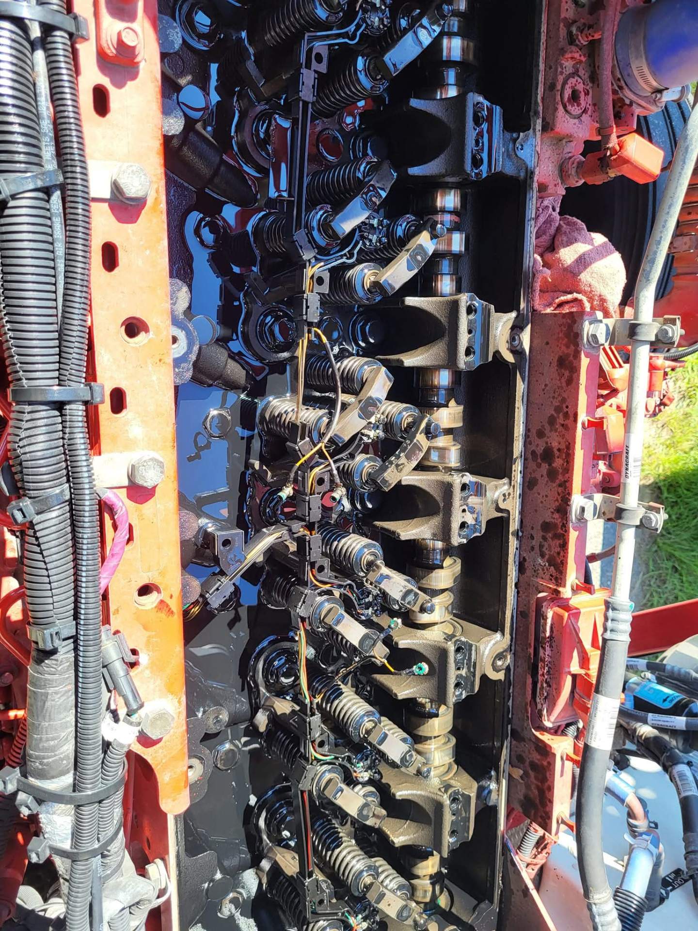 Diesel engine valve train and rockers during rebuild